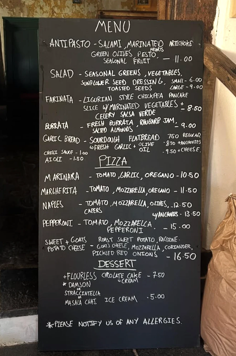 Daphne's blackboard menu sign